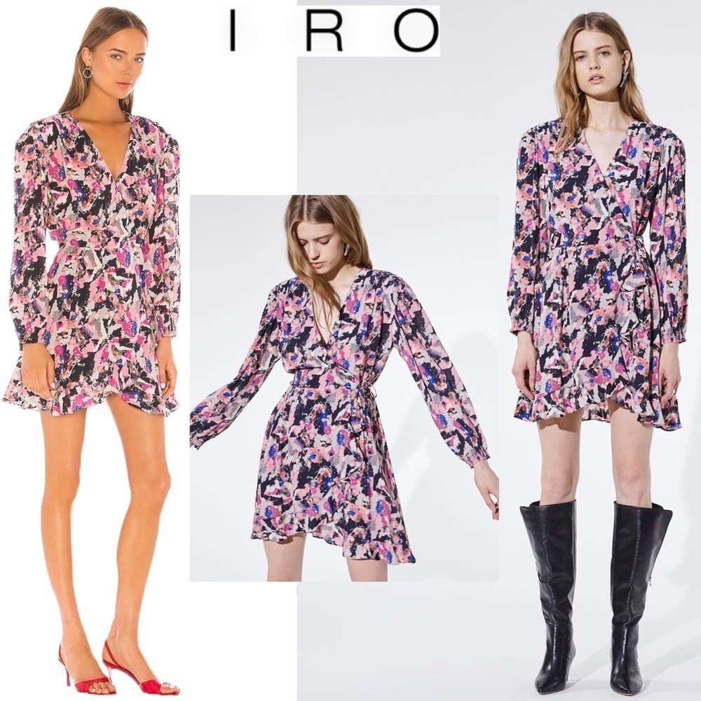 $435‼️IRO Bloomy Printed Pleated Long Sleeve Wrap Ruffle Mini Dress Watercolor 8 - Picture 1 of 13